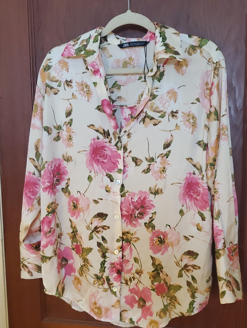 NWOT Zara Satin BCream Button-Down Blouse with Pink Floral Print- Medium